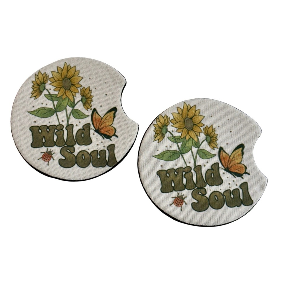 Wild Soul Sunflower Butterfly Car Cup Coaster Set of 2 Retro Boho Neoprene